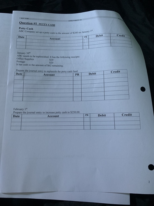 ACCES Question #1 PETTY CASH Petty Cash ABC Company set up a pt cash in the amount of $200 on Janus amount of $200 on January