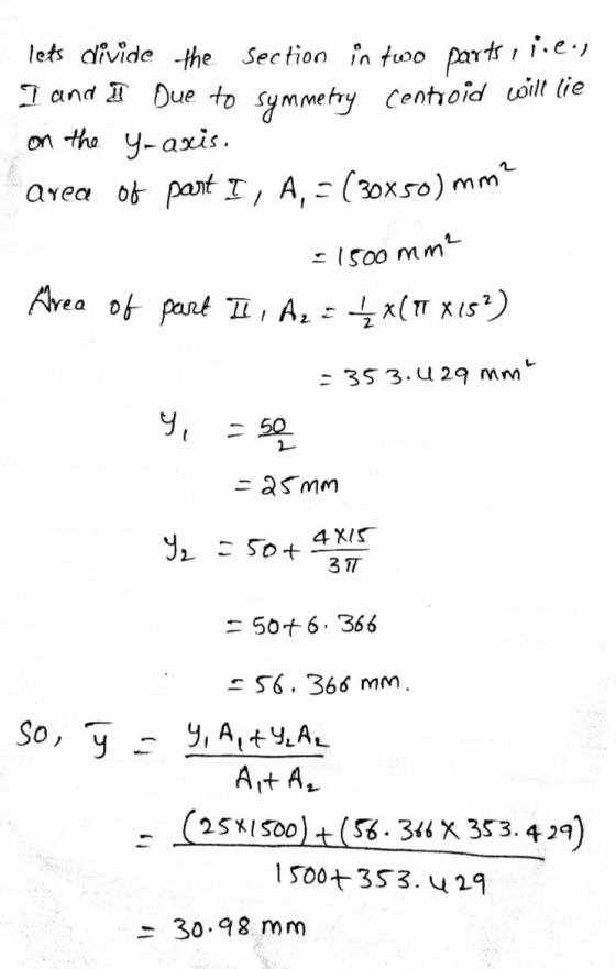 lets divide the section in two parts , i.ee I and II Due to symmetry centroid will lie on the y-axis. area of part I, A, = (3