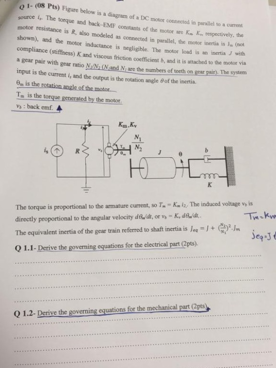 01- (08 Pts) Figure below is a diagram of a DC motor connected in parallel to a current source is the torque and back-EMF con