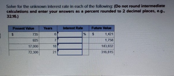 Solve for the unknown interest rate in each of the following: (Do not round intermediate calculations and enter your answers