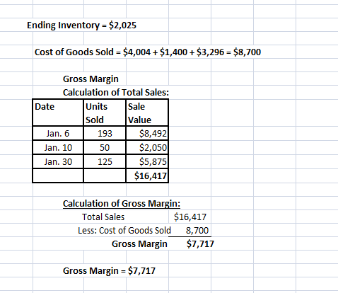 Ending Inventory = $2,025 Cost of Goods Sold = $4,004 + $1,400 + $3,296 = $8,700 Gross Margin Calculation of Total Sales: Dat