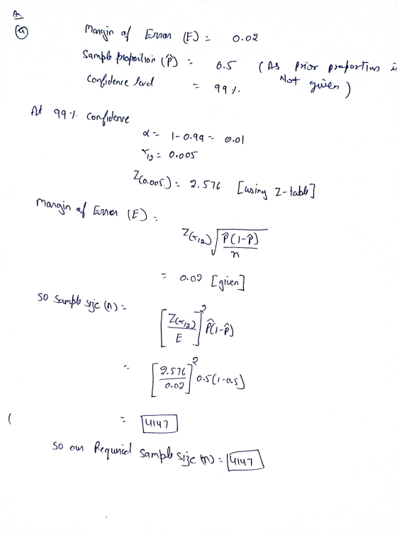 do 0.02 Mangin of Erran (E) = Samplo proportion (P) -- confidence level 6.5 (As prior proportion is Hot given 991 At 99% conf