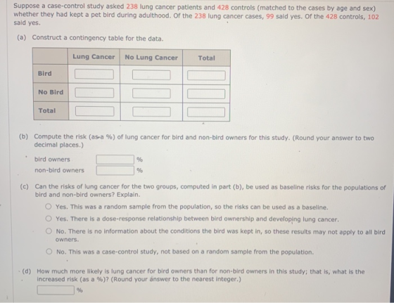 Suppose a case-control study asked 238 lung cancer patients and 428 controls (matched to the cases by age and sex) whether th