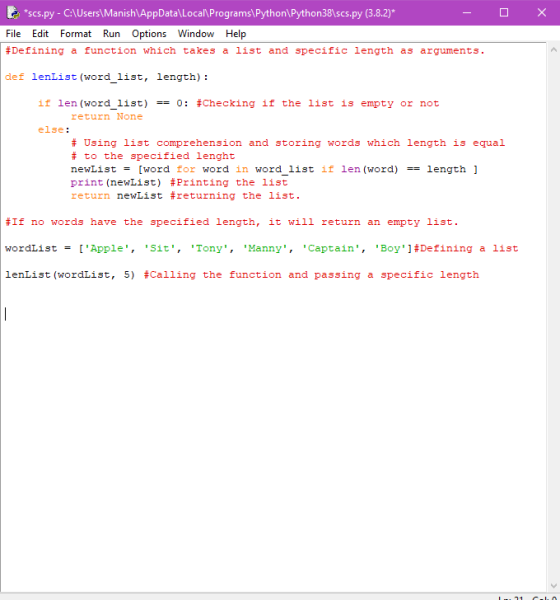 *scs.py - C:\Users\Manish\AppData\Local\Programs\Python Python38\scs.py (3.8.2)* File Edit Format Run Options Window Help #De