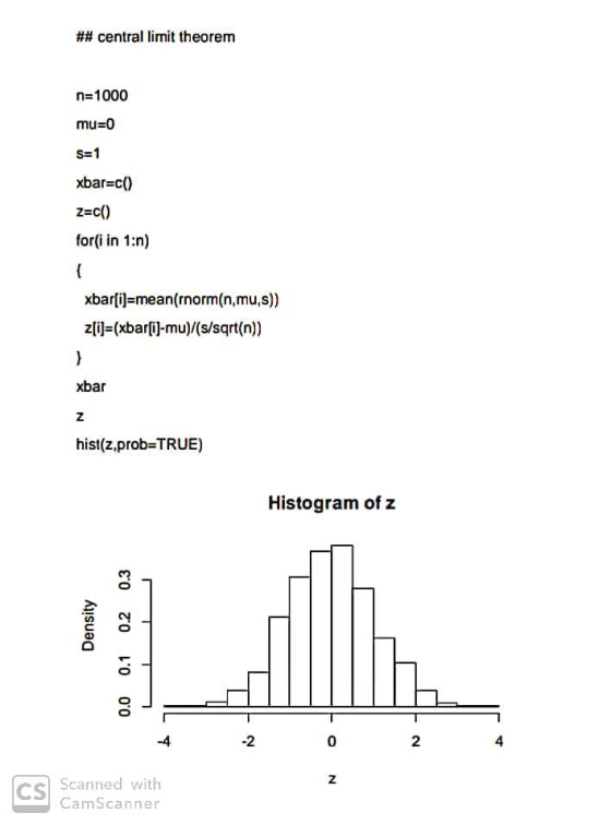 ## central limit theorem n=1000 mu=0 S=1 xbar=c() Z=C() for(i in 1:n) xbar[i]=mean(rnorm(n,mu,s)) z(i)=(xbar(i)-mu)/(s/sqrt(n