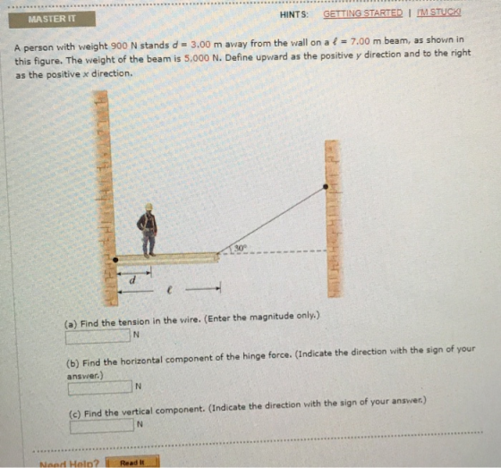 WE. MASTER IT HINTS: GETTING STARTEDI IMSTUCK A person with weight 900 N stands d 3.00 m away from the wall on a 7.00 m beam, as shown irn this figure. The weight of the beam is 5,000 N. Define upward as the positive y direction and to the right as the positive x direction. 300 (a) Find the tension in the wire. (Enter the magnitude only.) (b) Find the horizontal component of the hinge force. (Indicate the direction with the sign of your answer.) (c) Find the vertical component. (Indicate the direction with the sign of your answer.) IN Noed Helo? Read It