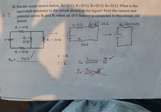 10. For the circuit shown below, Ri=1002, R2=20 (2, R3=20 Q, R4=30 . What is the equivalent resistance in the circuit shown i