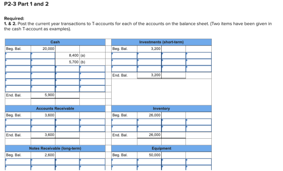 P2-3 Part 1 and 2 Required: 1. & 2. Post the current year transactions to T-accounts for each of the accounts on the balance