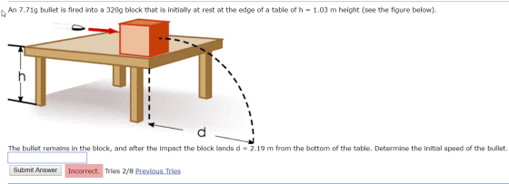 An 7.71g bullet is fired into a 320g block that is initially at rest at the edge of a table of h = 1.03 m height (see the fig