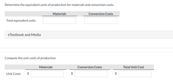 Determine the equivalent units of production for materials and conversion costs. Materials Conversion Costs Total equivalent
