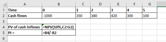 D 12 E 3 420 F 4 300 5 100 380 А C 1 Time 2 Cash flows -1000 350 3 4 PV of cash inflows =NPV(10%,C2:52) 5 PLN =B4/-B2 6