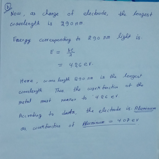 Νοω change of electoode, the longest wavelangts 290nm Light is Energy responding to 290 nm Cooo hc E = 4.26 er. is the longes