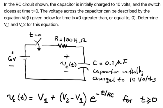 In the RC circuit shown, the capacitor is initially charged to 10 volts, and the switch closes at time t=0. The voltage acros