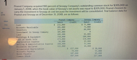 Peanut Company acquired 100 percent of Snoopy Companys outstanding common stock for $305,000 on January 1, 20X8, when the bo