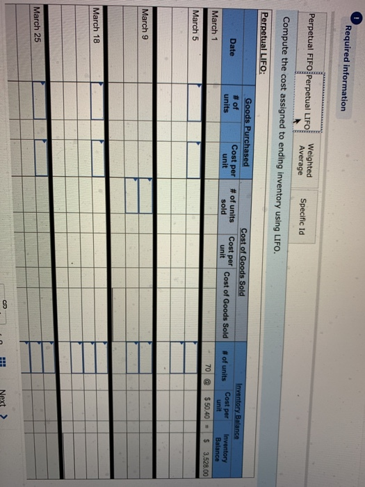 Required information Perpetual FIFO Perpetual LIFO Weighted Average Specific Id Compute the cost assigned to ending inventory