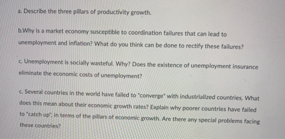 a. Describe the three pillars of productivity growth. b.Why is a market economy susceptible to coordination failures that can