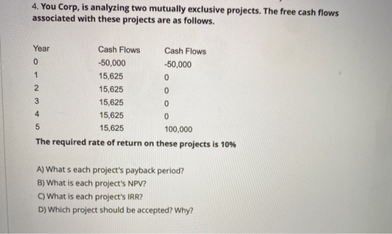 4. You Corp, is analyzing two mutually exclusive projects. The free cash flows associated with these projects are as follows.