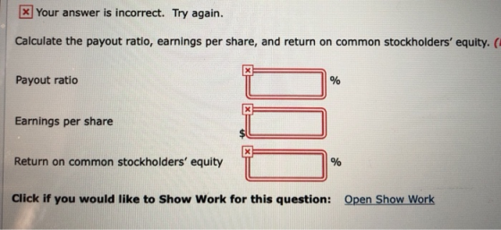 X Your answer is incorrect. Try again. Calculate the payout ratio, earnings per share, and return on common stockholders equ