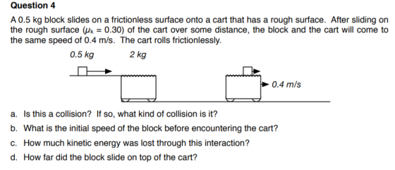 Question 4 A 0.5 kg block slides on a frictionless surface onto a cart that has a rough surface. After sliding on the rough s
