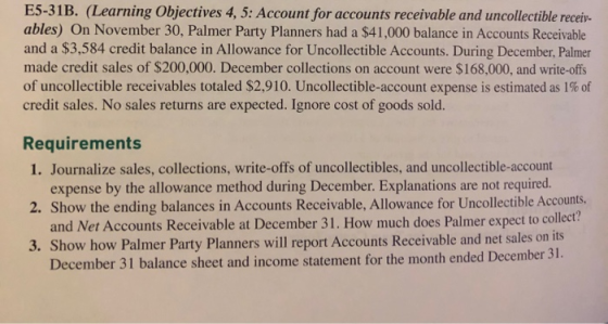 E5-31B. (Learning Objectives 4, 5: Account for accounts receivable and uncollectible receiv- ables) On November 30, Palmer Pa