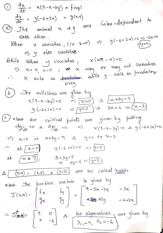 (1) are animal aay y (-6+22) -0 =) -64 30 >/y=0 5 07 22 ） not Vanishes axts as predator b 26=0 dre de x(9-x-3y) = fing) dy y(