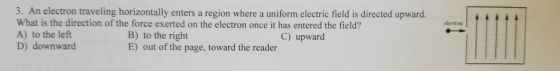 3. An electron traveling horizontally enters a region where a uniform electric field is directed upward. What is the direction of the force exerted on the electron once it has entered the field? A) to the left D) downward electrou B) to the right E) out of the page, toward the reader C) upward