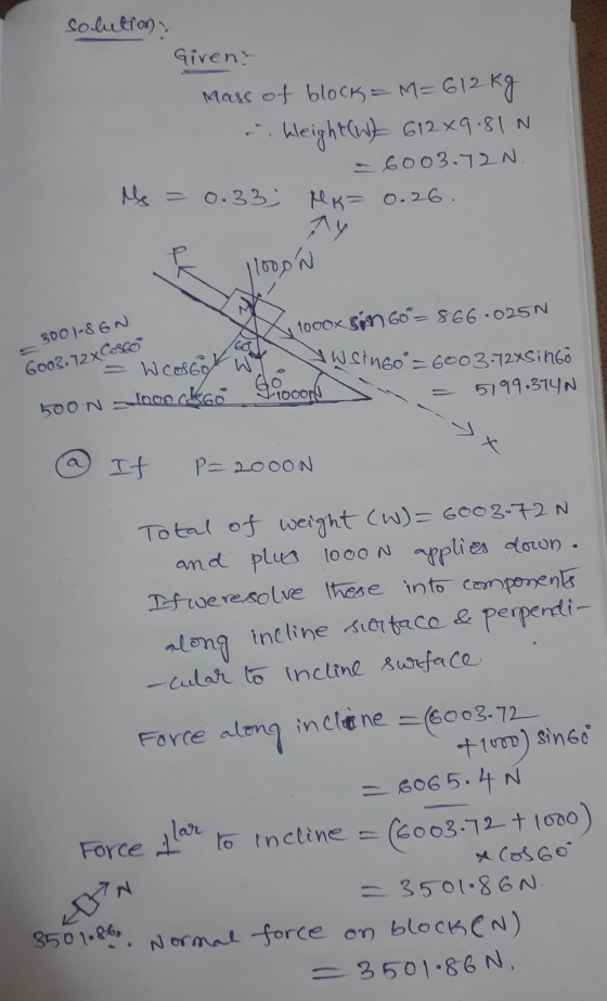 Solutions Givena Mars of block = M=612 kg . kleight (W} 612x9.81N - 6003.72 N. Me = 0.33 RR= 0.26. 1100ph 10000 Bin 60=866.0