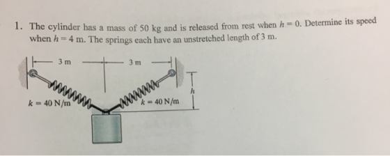 1. The cylinder as a mass of 50 kg and is released from rest when h 0. Determine its speed when h 4 m. The springs each have