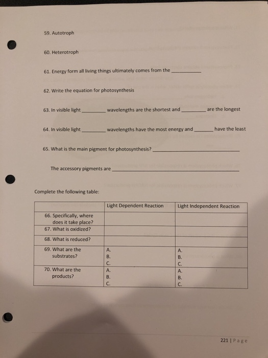 59. Autotroph 60. Heterotroph 61. Energy form all living things ultimately comes from the 62. Write the equation for photosyn