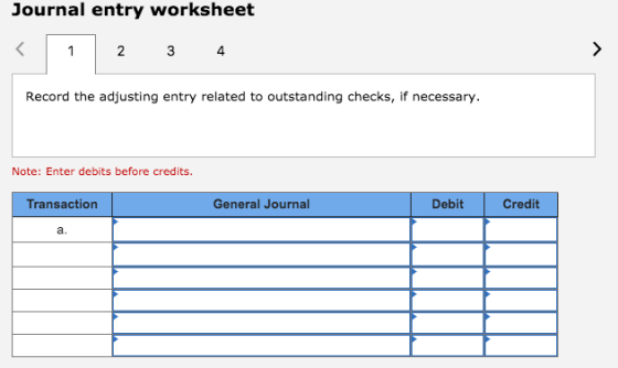 Journal entry worksheet 2 3 4 Record the adjusting entry related to outstanding checks, if necessary Note: Enter debits befor