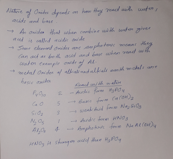 Nature of Onides depends on how they read with water, acids and base. An onider that when combine with water givee and is cal