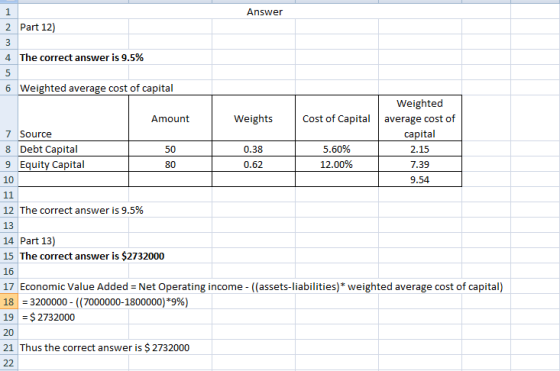 1 Answer 2 Part 12) 3 4 The correct answer is 9.5% 5 6 Weighted average cost of capital Weights Cost of Capital Weighted aver