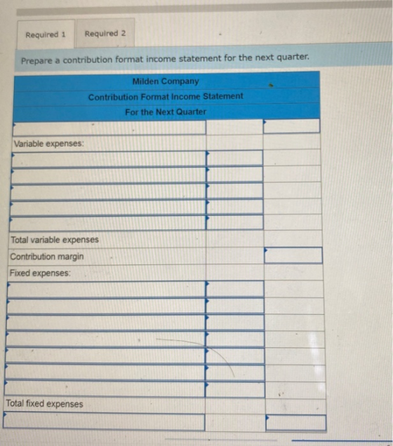 Required 1 Required 2 Prepare a contribution format income statement for the next quarter. Milden Company Contribution Format