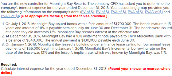 You are the new controller for Moonlight Bay Resorts. The company CFO has asked you to determine the companys interest expen