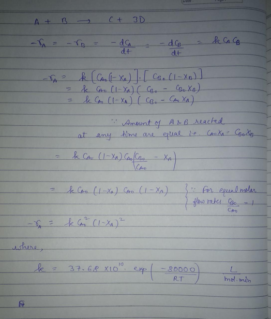 Date At с + 3D k CA Co - do dt dG dt -SA = k (Call-Xo) ] [ coo (1-xn)] k CAO (1-XA) ( Ben Bo Xo) k Con (1-XA) (CB. - COXA) Am