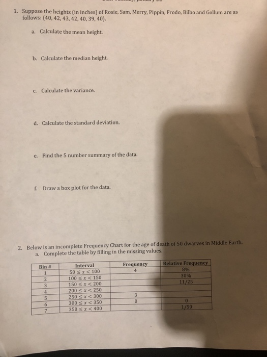 1. Suppose the heights (in inches) of Rosie, Sam, Merry, Pippin, Frodo, Bilbo and Gollum are as follows: (40, 42, 43, 42, 40, 39,40). Calculate the mean height. a. b. Calculate the median height. c. Calculate the variance d. Calculate the standard deviation. e. Find the 5 number summary of the data. f. Draw a box plot for the data. 2. Below is an incomplete Frequency Chart for the age of death of 50 dwarves in Middle Earth a. Complete the table by filling in the missing values. Relative Frequency 8% Frequency Interval 50 Bin # < 100 100 s x 150 150 I $ 200 200 < 250 6300 Sx 350 350 sx <400