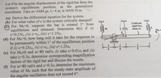 Let ? be the angular displacement of the rigid bar fromthe systems equilibrium position, as the generalized coordinate. Take m-5484 gr, L4 m, k-6450 N/m. (a) Derive the differential equation for the system. (b) For what value of e is the system critically damped? For Mo 0, suppose the bar is rotated 3 from equilibrium and released. Determine c-o?25cc ,(ii) C-ce, (iii) c-1.25c? ) if rigid bar, mass m (d) For Mo 0, how long will it take for the response to be permanently within 1° of the equilibrium position if () c 0.25ce, (ii) c-Cos (ii) c-1.25c (e) For MorO and do-80 rad/s, (i) take c=0.01cc and (ii) take c 0.3c determine corresponding magnification 2 factors of the rigid bar and discuss the results. (t) For o-80 rad/s and c-0.3ce determine the maximum value of Mo such that the steady-state amplitude of the angular oscillation does not exceed 6°