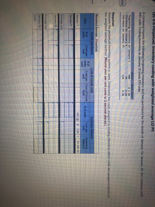 5-6 Perpetual: Inventory costing with weighted average LO P1 A company reports the following beginning inventory and two purc