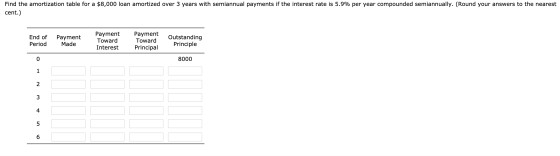 Find the amortization table for a $8,000 loan amortized over 3 years with semianni cent.) if the interest rate is 5.9% per ye