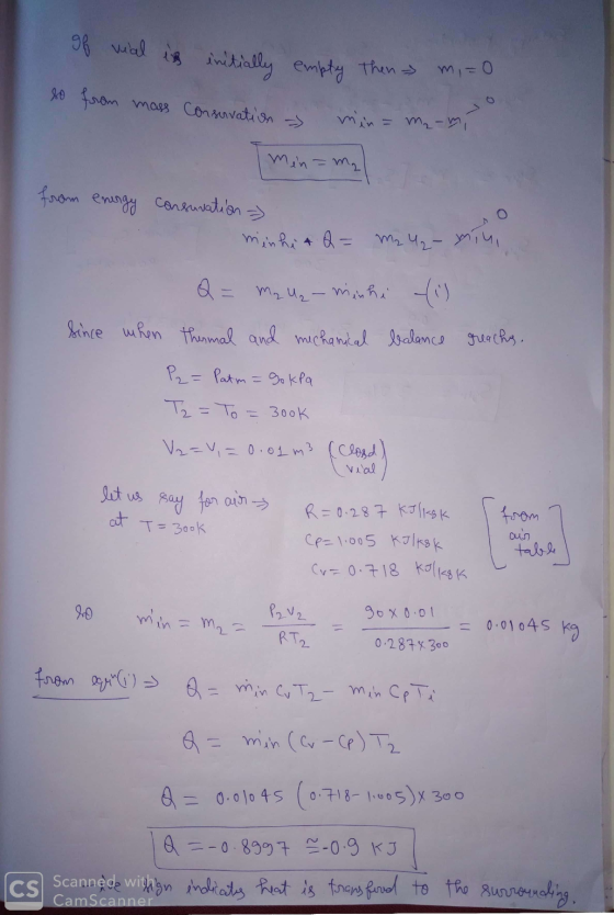of vial is initially empty then mi=0 so from mass Consovation - min = m₂-mi min = m₂ from emingy consuvation > minnit Q= malz