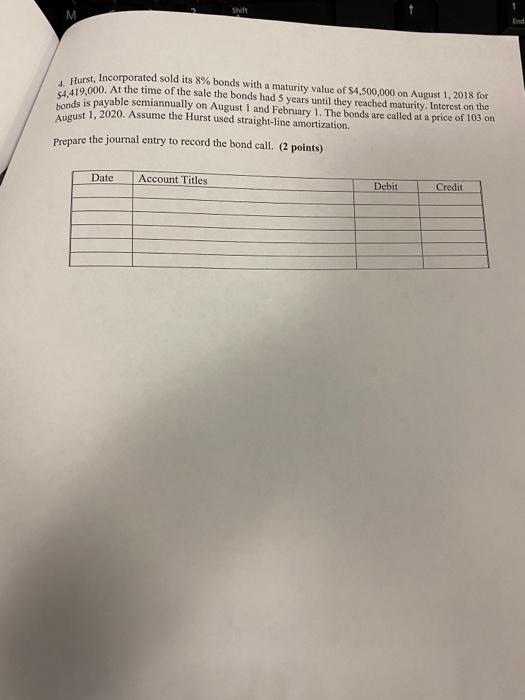 Shift End 4. Hurst, Incorporated sold its 8% bonds with a maturity value of $4,500,000 on August 1, 2018 for $4,419,000. At t