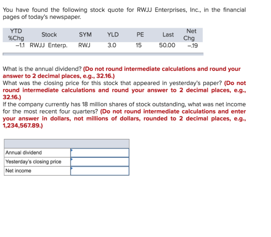 You have found the following stock quote for RWJJ Enterprises, Inc., in the financial pages of todays newspaper. YTD Net Sto
