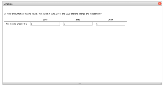 Analysis 2. What amount of net income would Frost report in 2018, 2019, and 2020 after the change and restatement? 2018 2019