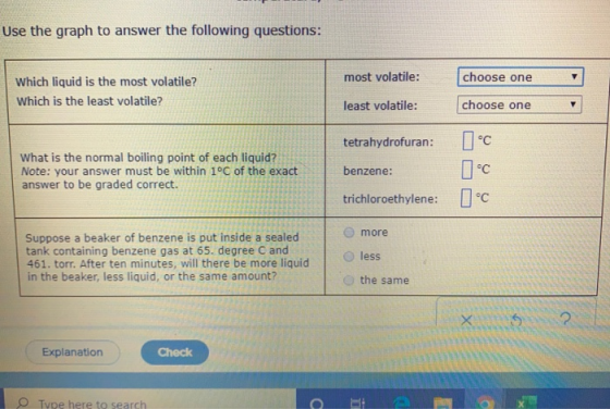 Use the graph to answer the following questions: most volatile: choose one Which liquid is the most volatile? Which is the le