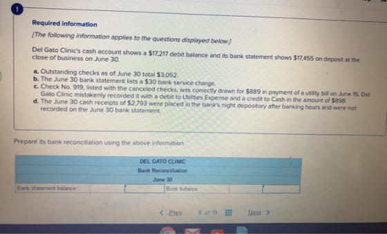 Required information [The following information applies to the questions displayed below.) Del Gato Clinics cash account sho
