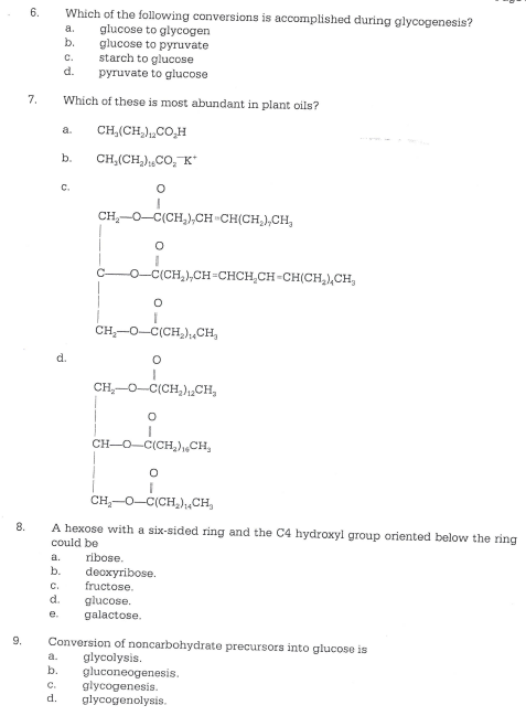 6. Which of the following conversions is accomplished during glycogenesis? a. glucose to glycogen glucose to pyruvate C. star