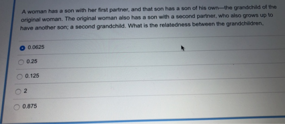 A woman has a son with her first partner, and that son has a son of his own-the grandchild of the original woman. The origina