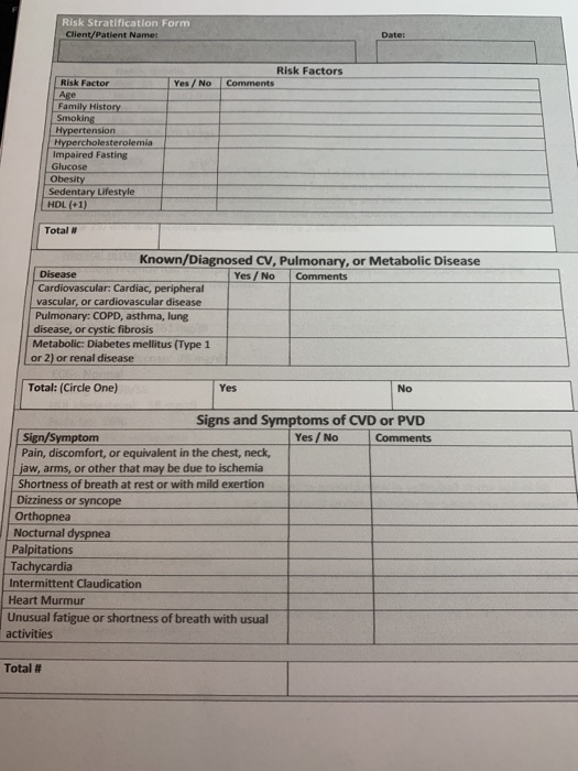 Risk Stratification Form Client/Patient Name: Risk Factors Comments Yes/No Risk Factor Age Family History Smoking Hypertensio