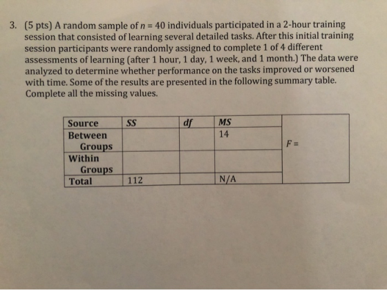 3. (5 pts) A random sample of n = 40 individuals participated in a 2-hour training session that consisted of learning several