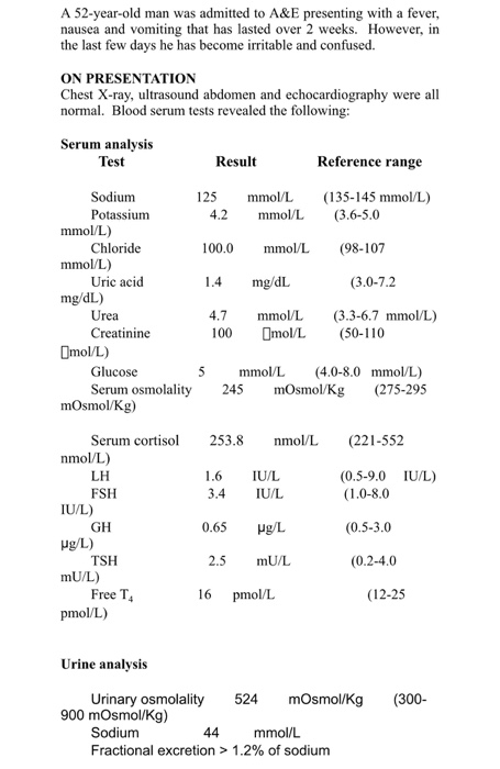 A 52-year-old man was admitted to A&E presenting with a fever, nausea and vomiting that has lasted over 2 weeks. However, in